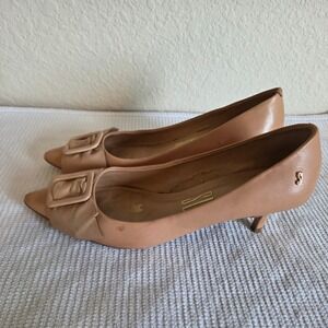 Santa Lolla Nude Leather Buckle Pointed Toe Kitten Heels 5B Brazil 34 EUR 36